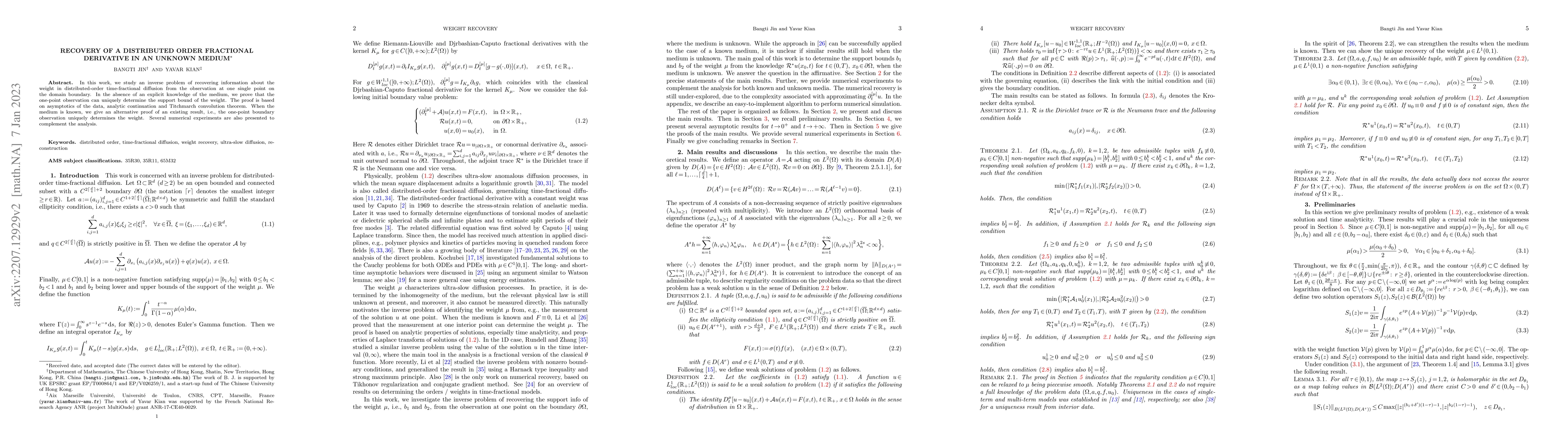 Thumbnail for Recovery of a Distributed Order Fractional Derivative in an Unknown
  Medium