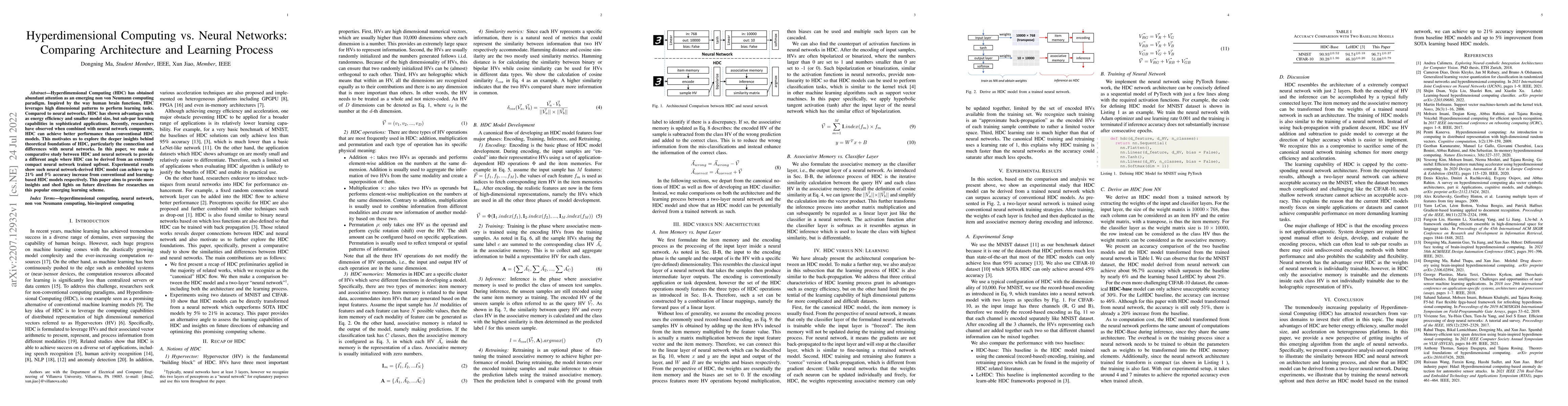 Thumbnail for Hyperdimensional Computing vs. Neural Networks: Comparing Architecture
  and Learning Process