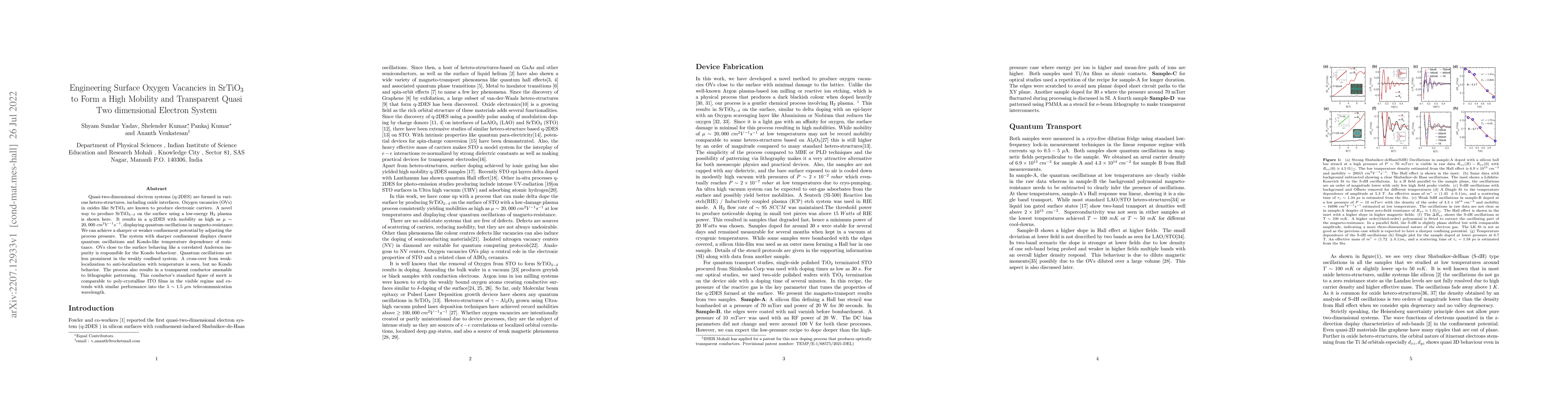 Thumbnail for Engineering Surface Oxygen Vacancies in $\mathrm{SrTiO_3}$ to Form a
  High Mobility and Transparent Quasi Two dimensional Electron System