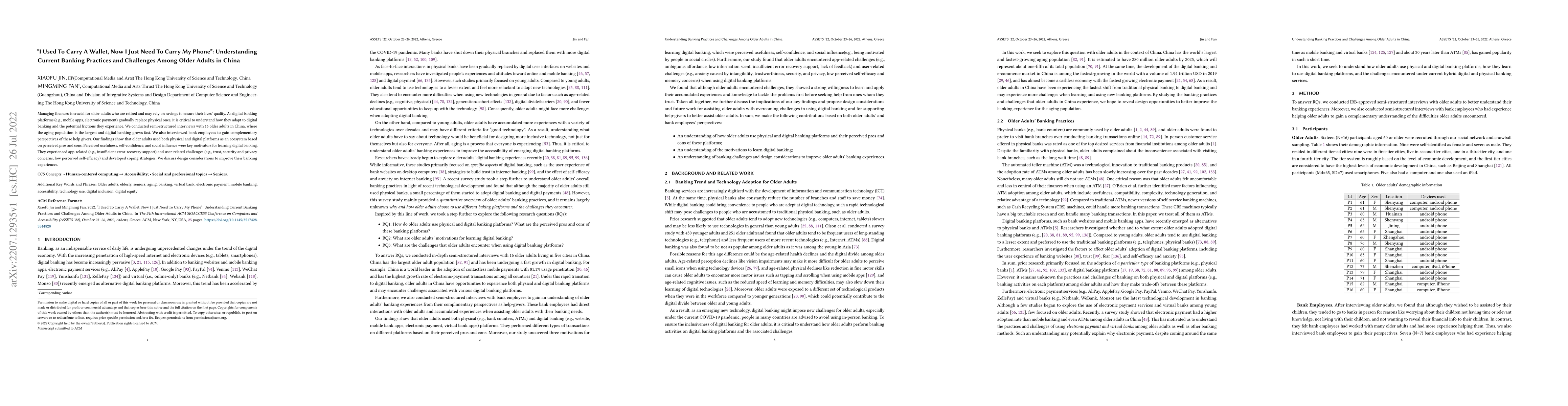 Thumbnail for "I Used To Carry A Wallet, Now I Just Need To Carry My Phone":
  Understanding Current Banking Practices and Challenges Among Older Adults in
  China