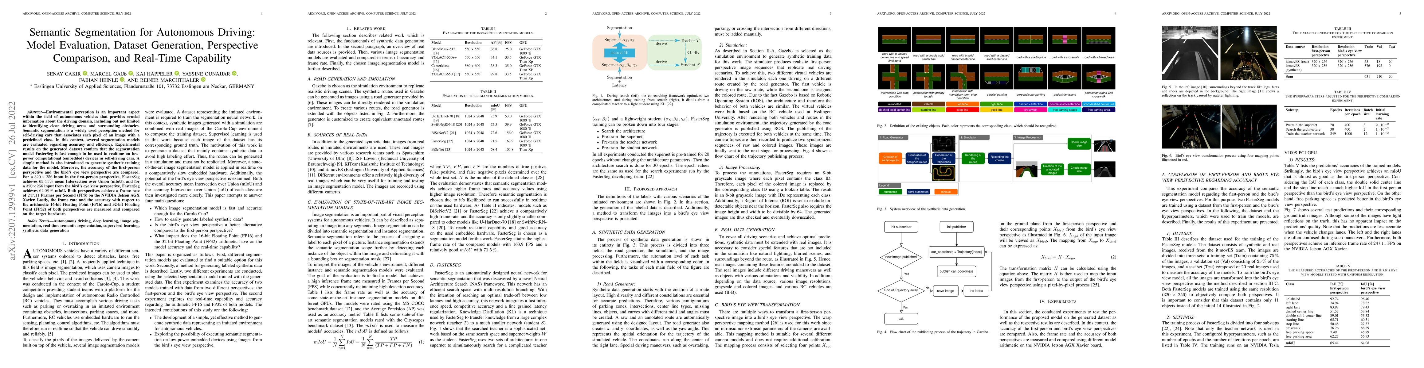 Thumbnail for Semantic Segmentation for Autonomous Driving: Model Evaluation, Dataset
  Generation, Perspective Comparison, and Real-Time Capability