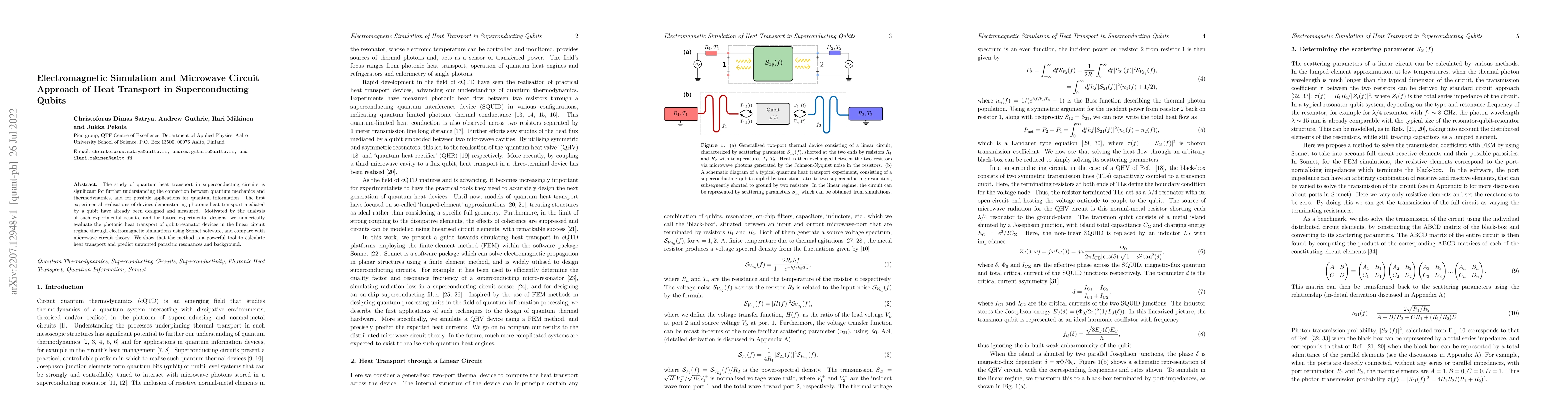 Thumbnail for Electromagnetic Simulation and Microwave Circuit Approach of Heat
  Transport in Superconducting Qubits