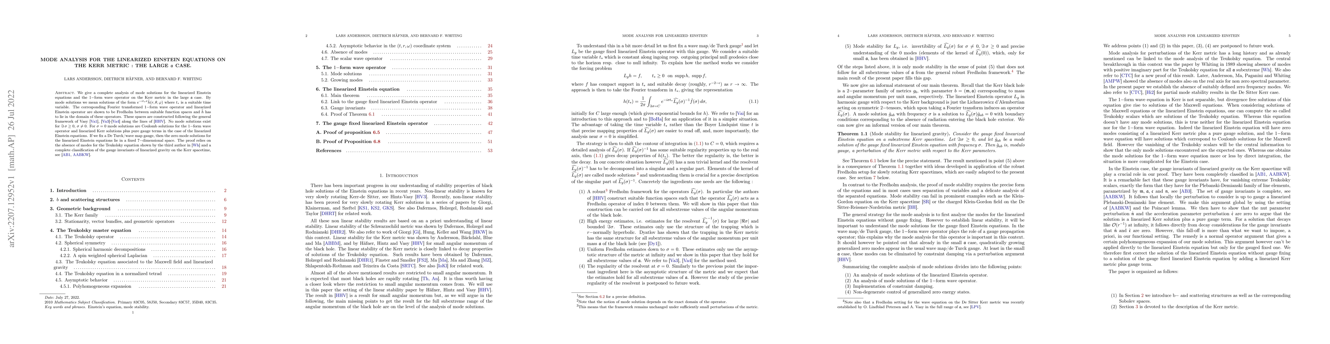 Thumbnail for Mode analysis for the linearized Einstein equations on the Kerr metric :
  the large $\mathfrak{a}$ case