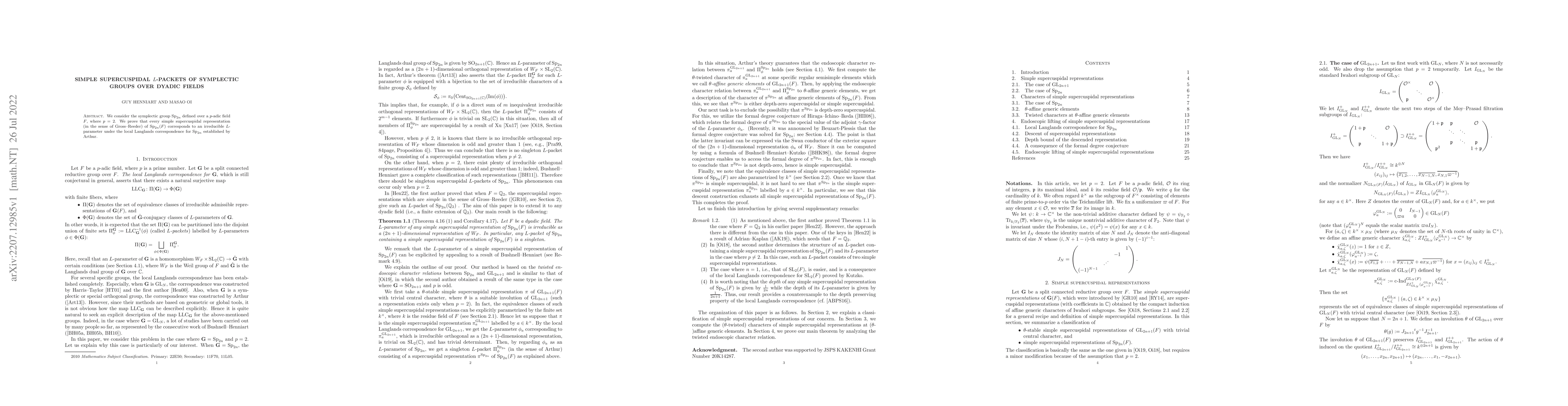 Thumbnail for Simple supercuspidal L-packets of symplectic groups over dyadic fields