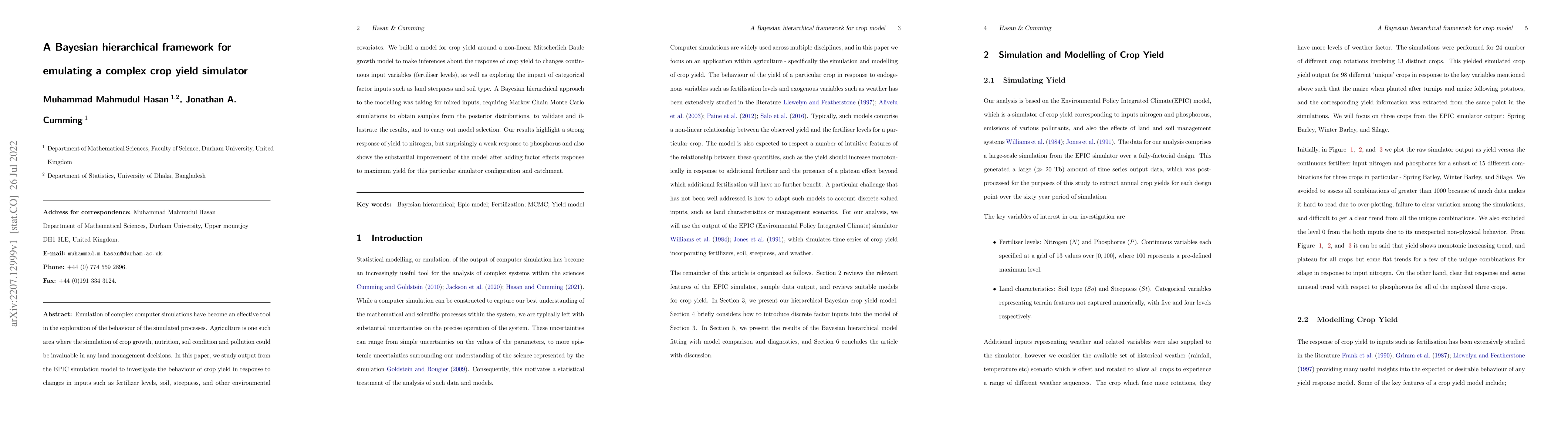 Thumbnail for A Bayesian hierarchical framework for emulating a complex crop yield
  simulator