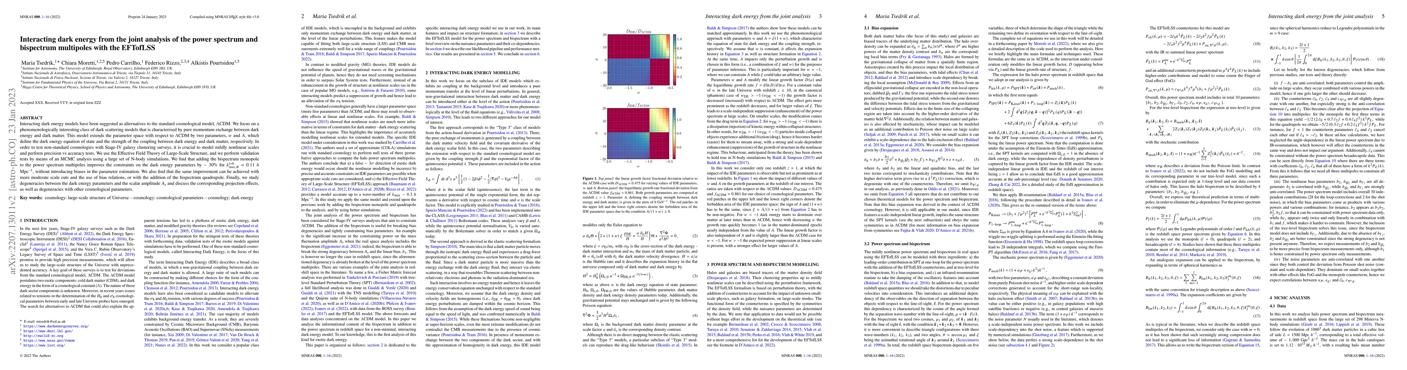 Thumbnail for Interacting dark energy from the joint analysis of the power spectrum
  and bispectrum multipoles with the EFTofLSS