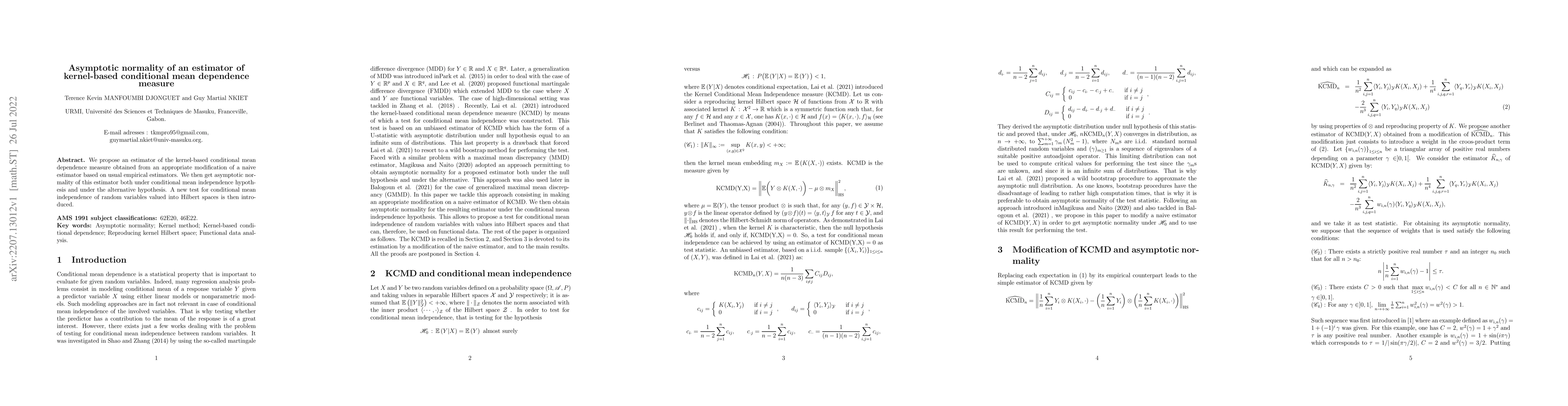 Thumbnail for Asymptotic normality of an estimator of kernel-based conditional mean
  dependence measure