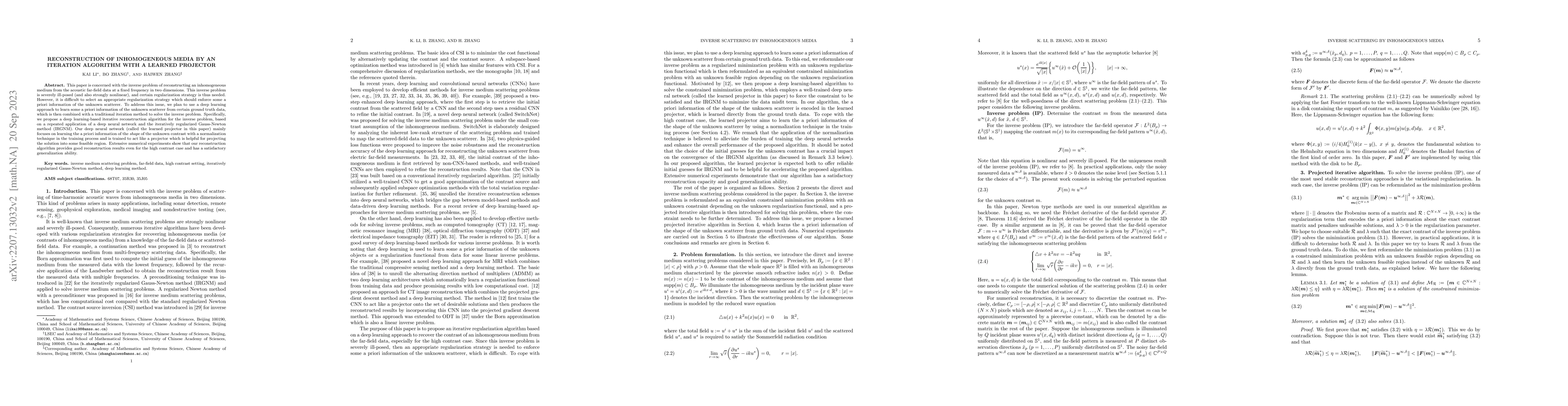 Thumbnail for Reconstruction of inhomogeneous media by an iteration algorithm with a
  learned projector