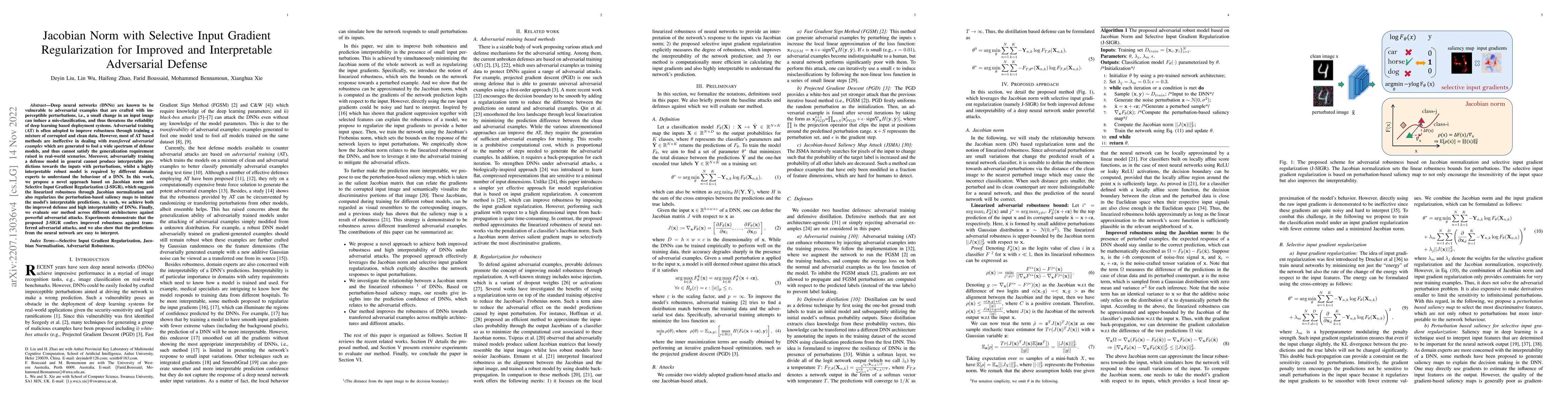 Thumbnail for Jacobian Norm with Selective Input Gradient Regularization for Improved
  and Interpretable Adversarial Defense