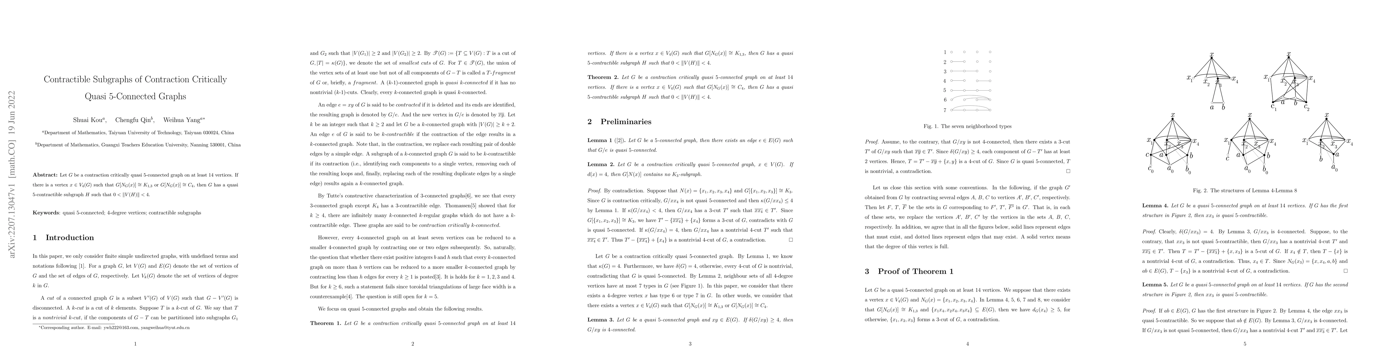 Thumbnail for Contractible Subgraphs of Contraction Critically Quasi $5$-Connected
  Graphs