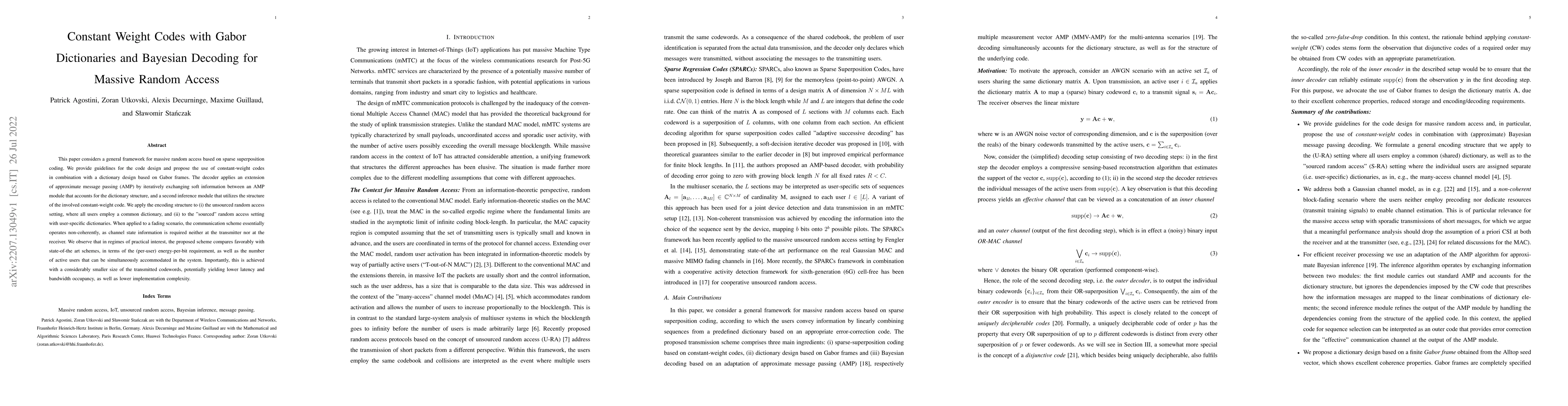 Thumbnail for Constant Weight Codes with Gabor Dictionaries and Bayesian Decoding for
  Massive Random Access