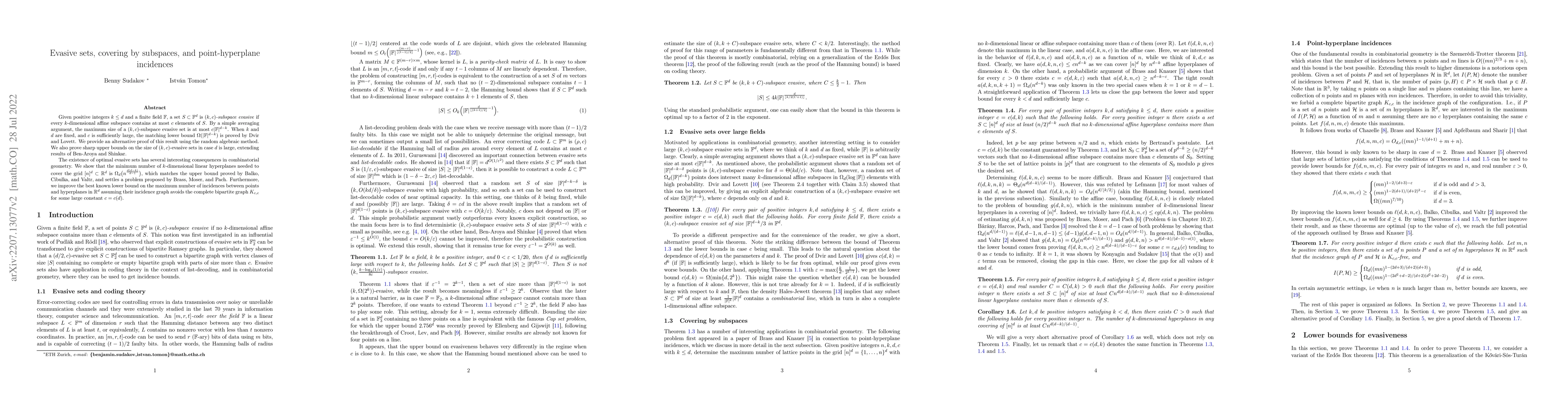 Thumbnail for Evasive sets, covering by subspaces, and point-hyperplane incidences