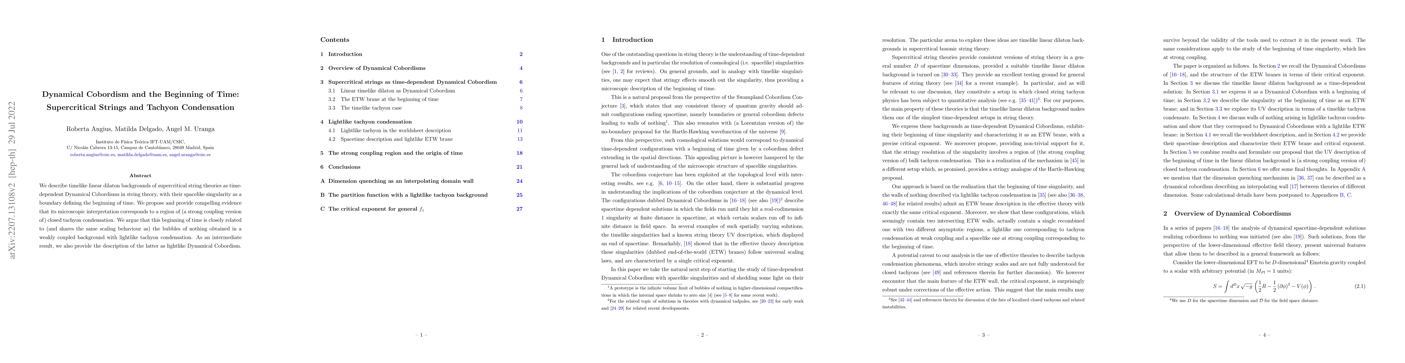 Thumbnail for Dynamical Cobordism and the Beginning of Time: Supercritical Strings and
  Tachyon Condensation