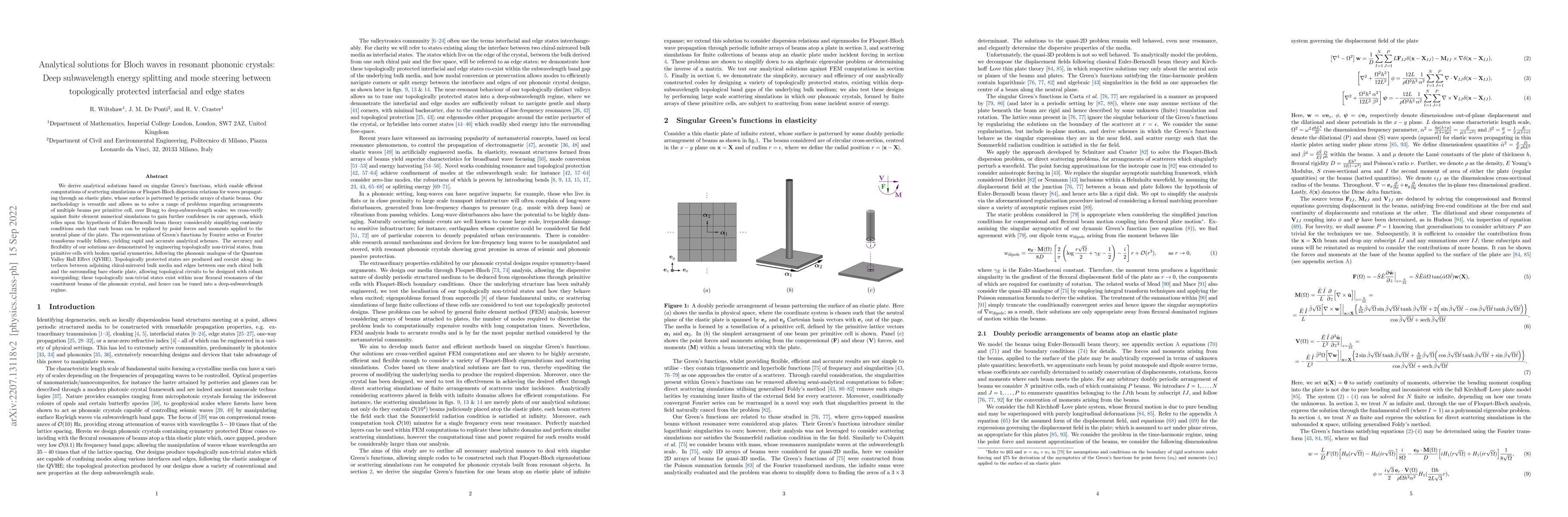 Thumbnail for Analytical solutions for Bloch waves in resonant phononic crystals: Deep
  subwavelength energy splitting and mode steering between topologically
  protected interfacial and edge states