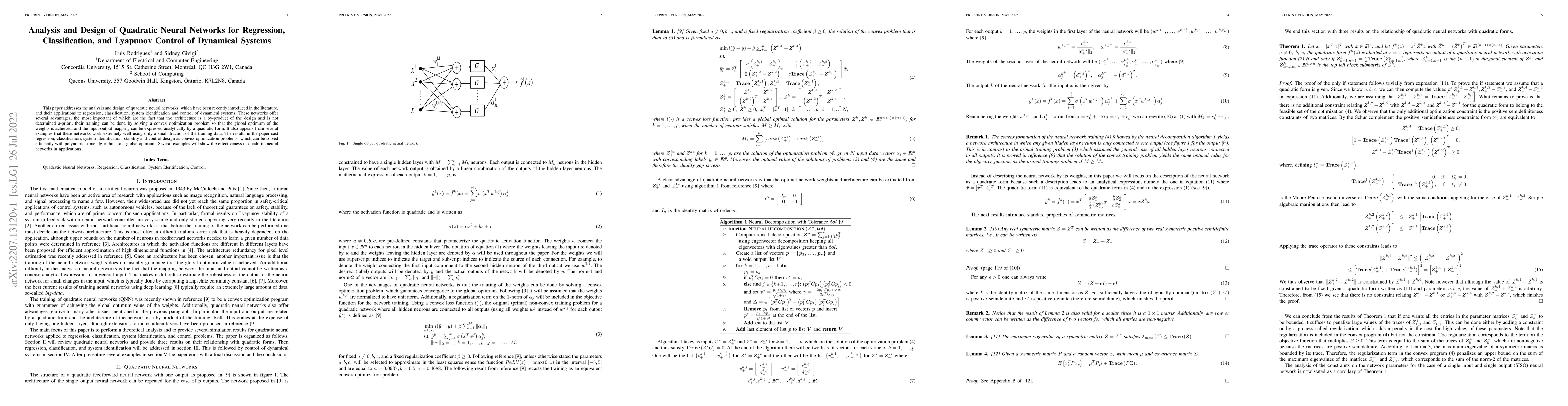 Thumbnail for Analysis and Design of Quadratic Neural Networks for Regression,
  Classification, and Lyapunov Control of Dynamical Systems
