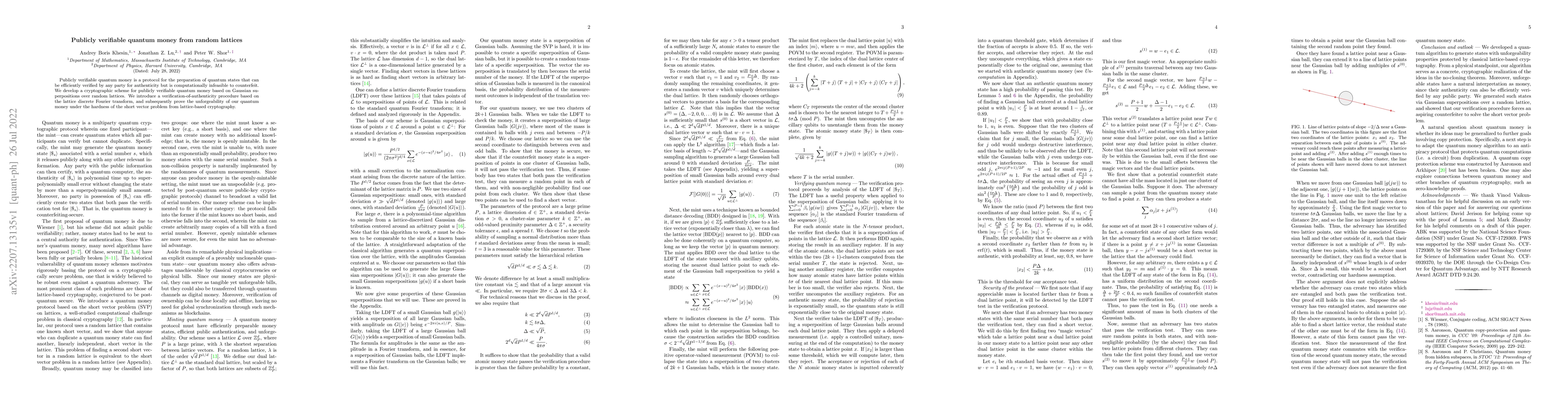 Thumbnail for Publicly verifiable quantum money from random lattices