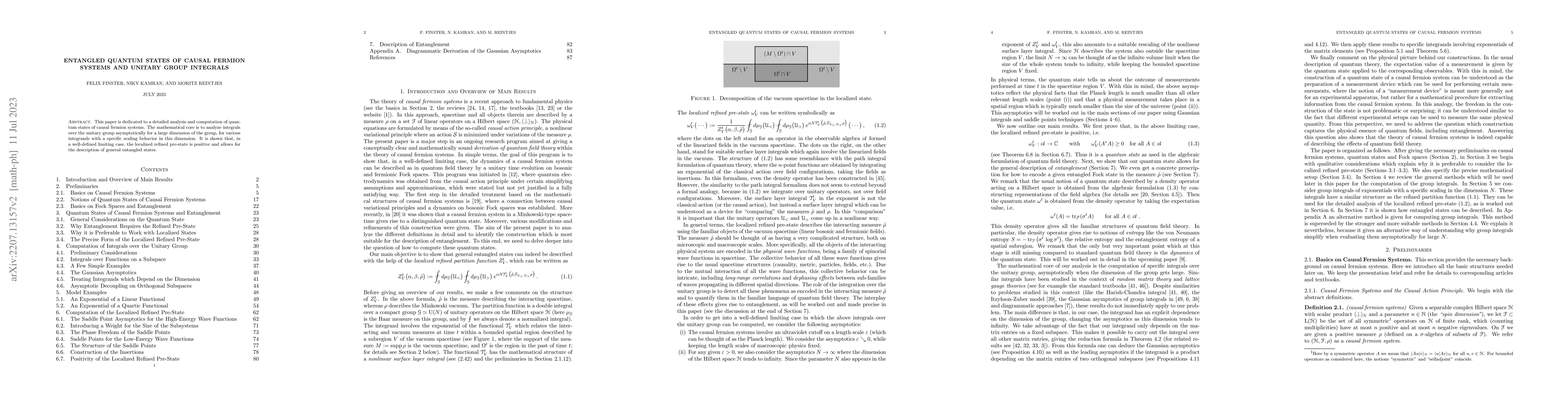 Thumbnail for Entangled Quantum States of Causal Fermion Systems and Unitary Group
  Integrals