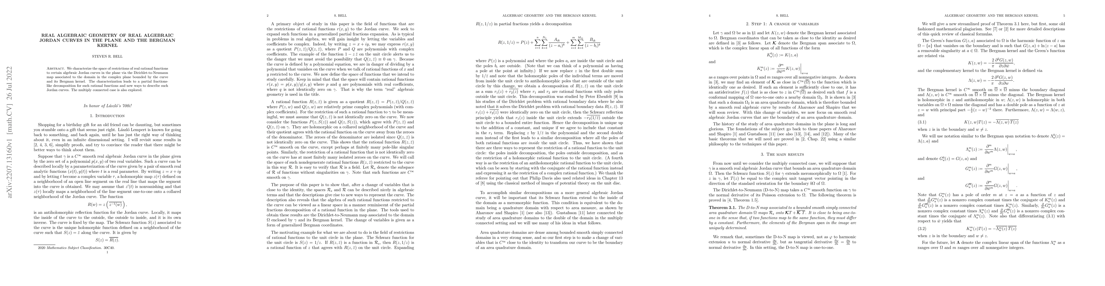 Thumbnail for Real algebraic geometry of real algebraic Jordan curves in the plane and
  the Bergman kernel