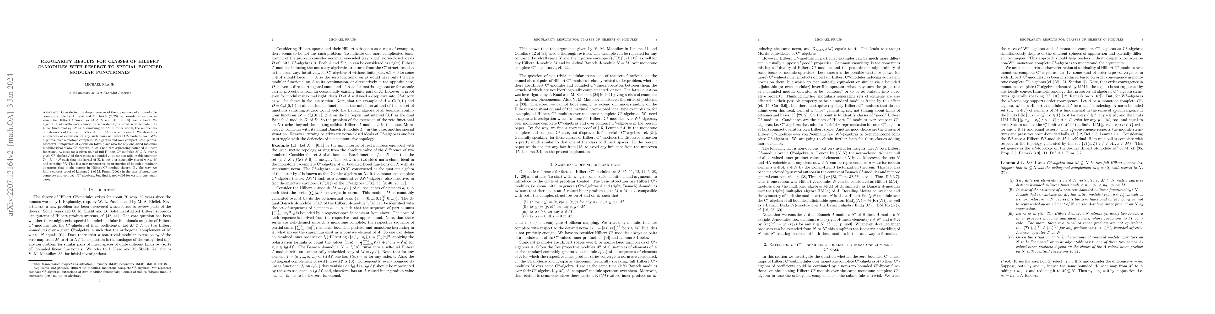 Thumbnail for Regularity results for classes of Hilbert C*-modules with respect to
  special bounded modular functionals