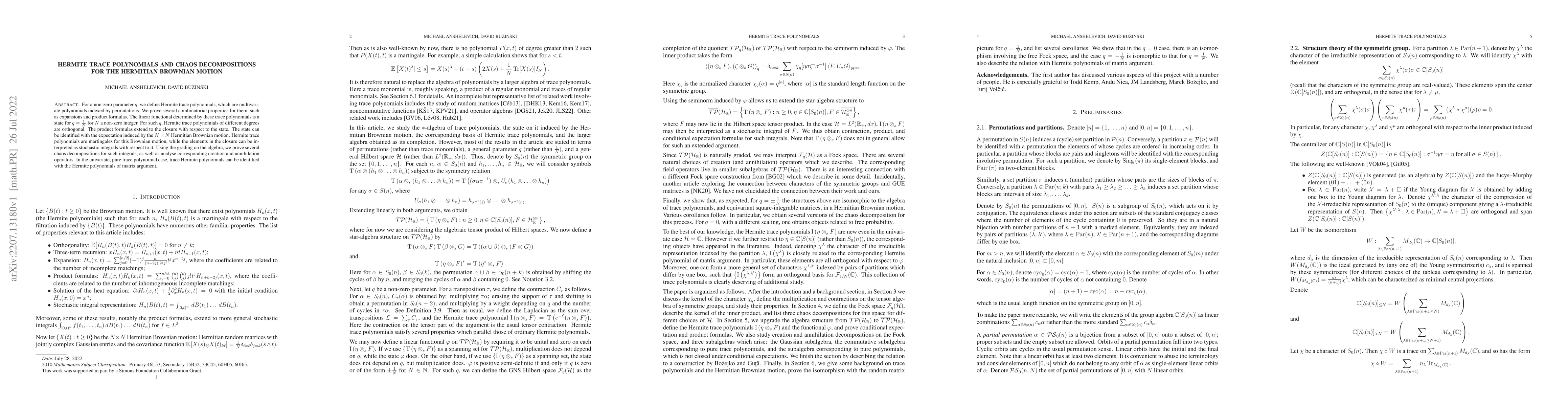 Thumbnail for Hermite trace polynomials and chaos decompositions for the Hermitian
  Brownian motion