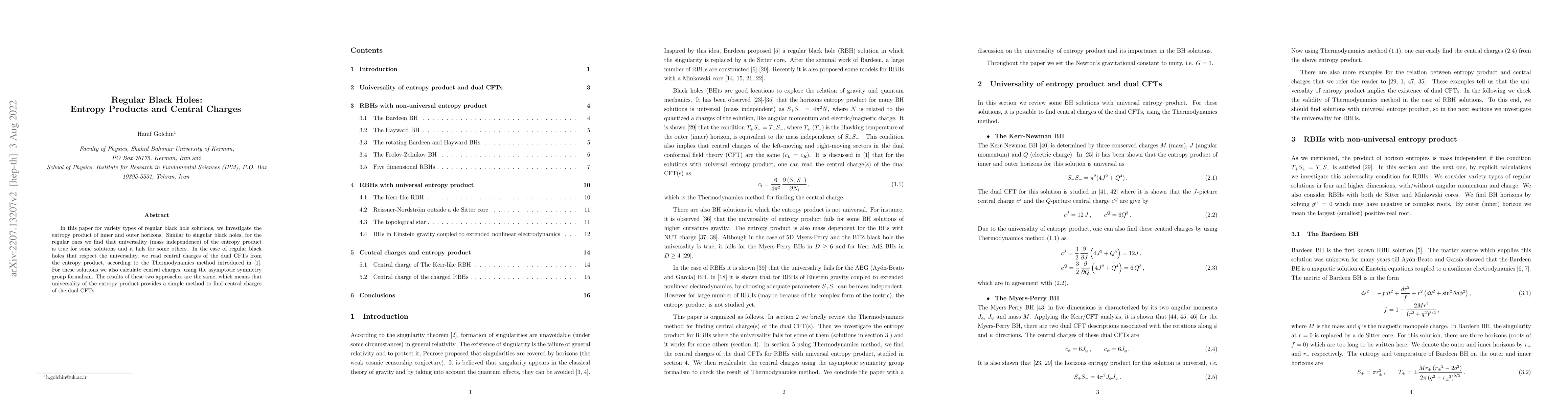 Thumbnail for Regular Black Holes: Entropy Products and Central Charges
