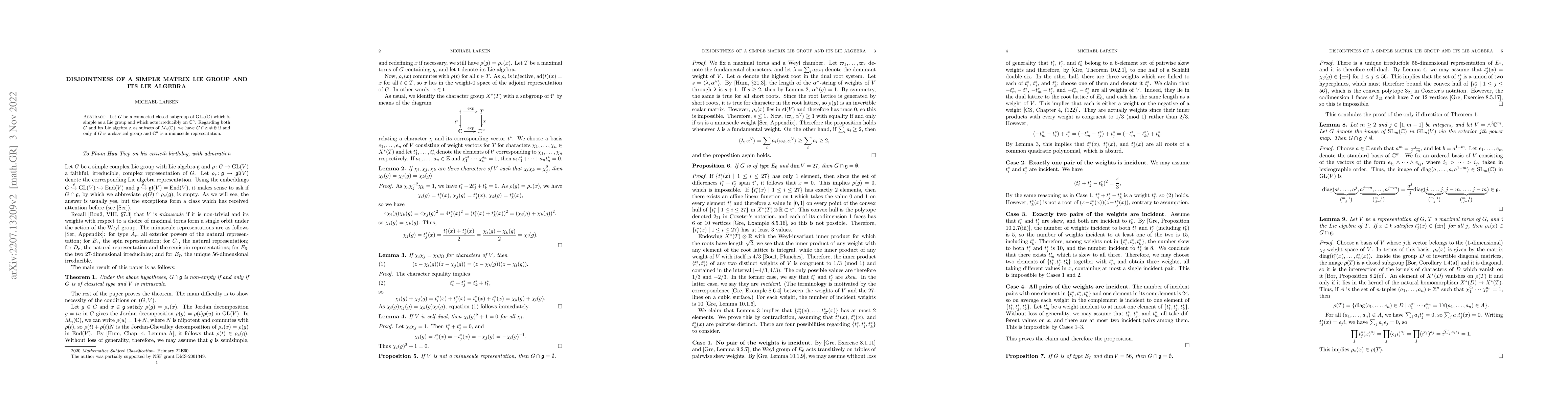 Thumbnail for Disjointness of a simple matrix Lie group and its Lie algebra