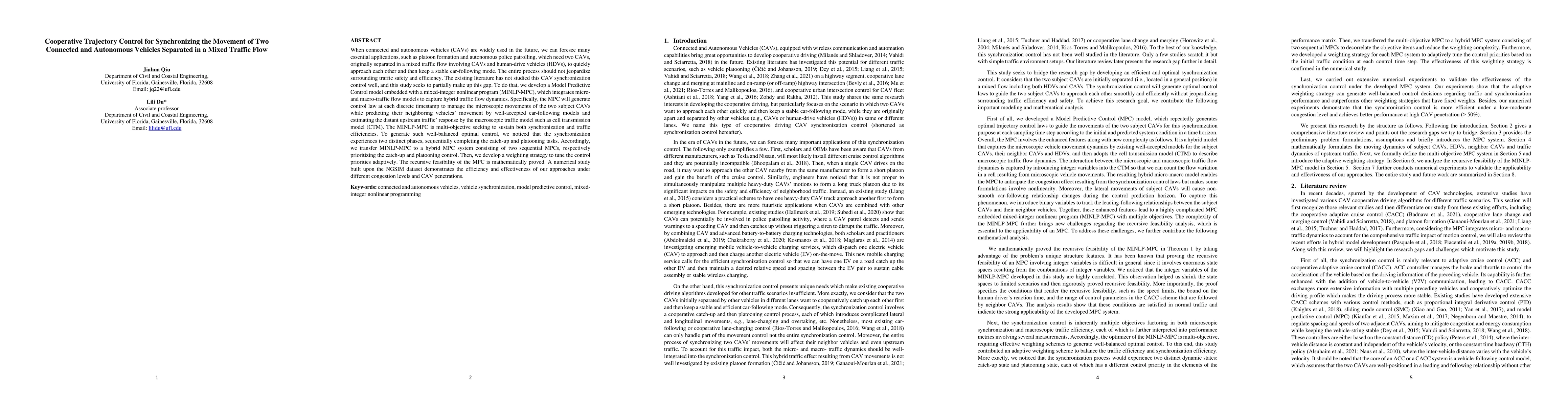 Thumbnail for Cooperative Trajectory Control for Synchronizing the Movement of Two
  Connected and Autonomous Vehicles Separated in a Mixed Traffic Flow