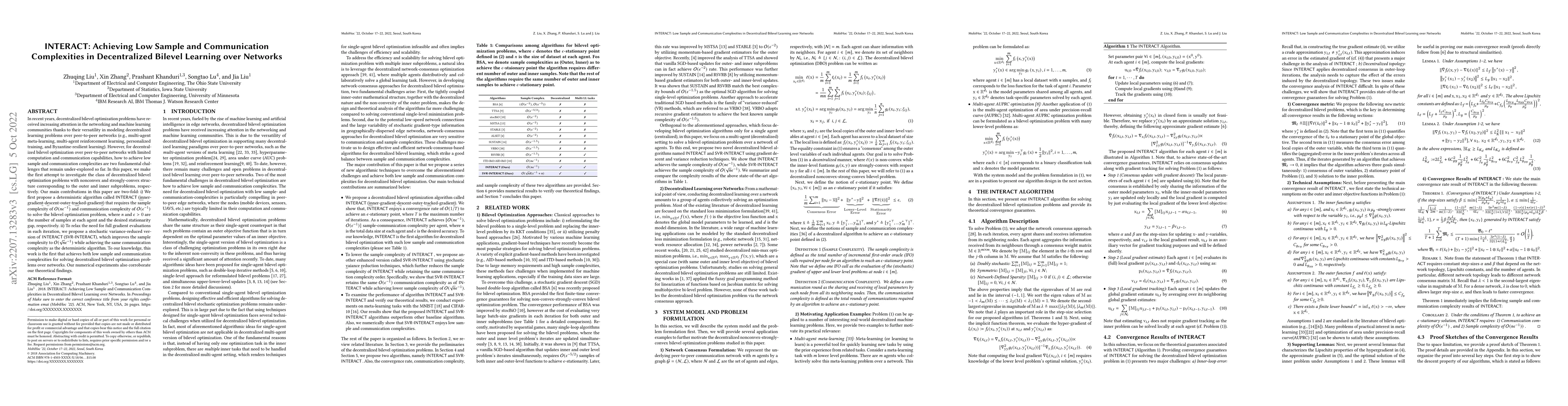 Thumbnail for INTERACT: Achieving Low Sample and Communication Complexities in
  Decentralized Bilevel Learning over Networks