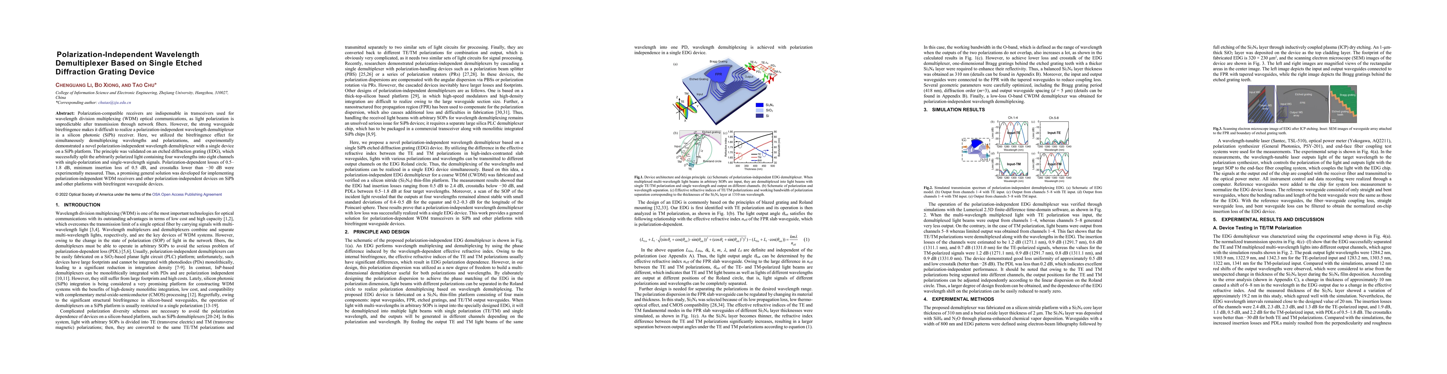 Thumbnail for Polarization-Independent Wavelength Demultiplexer Based on Single Etched
  Diffraction Grating Device