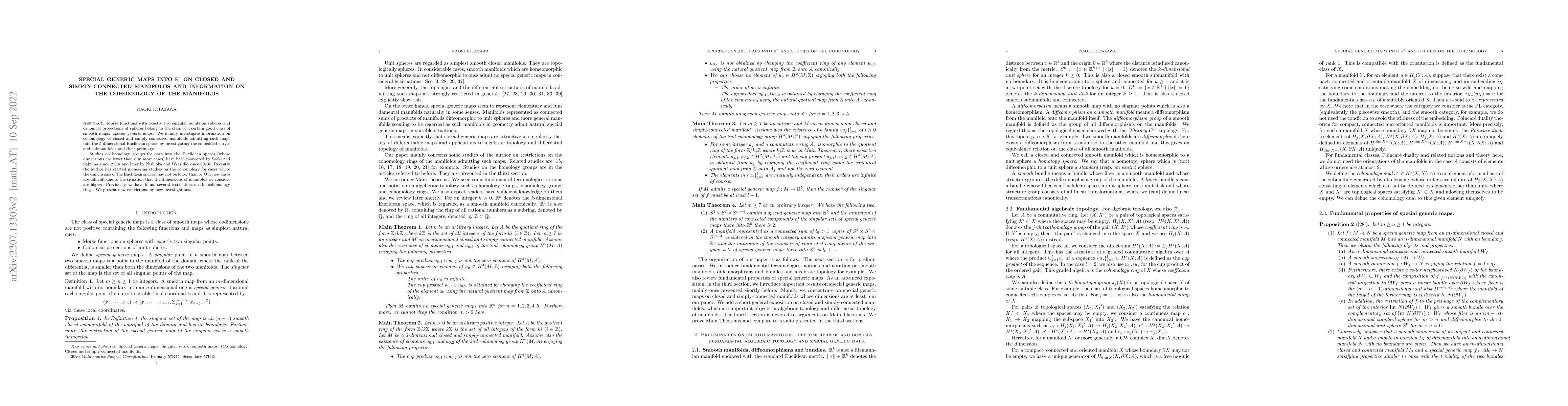 Thumbnail for Special generic maps into ${\mathbb{R}}^5$ on closed and
  simply-connected manifolds and information on the cohomology of the manifolds