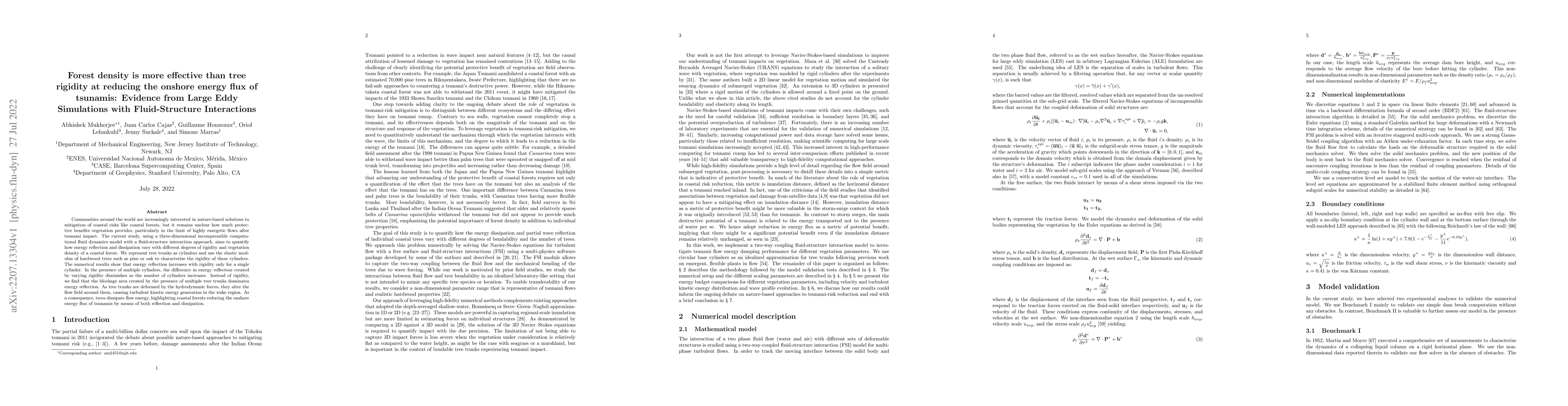 Thumbnail for Forest density is more effective than tree rigidity at reducing the
  onshore energy flux of tsunamis: Evidence from Large Eddy Simulations with
  Fluid-Structure Interactions