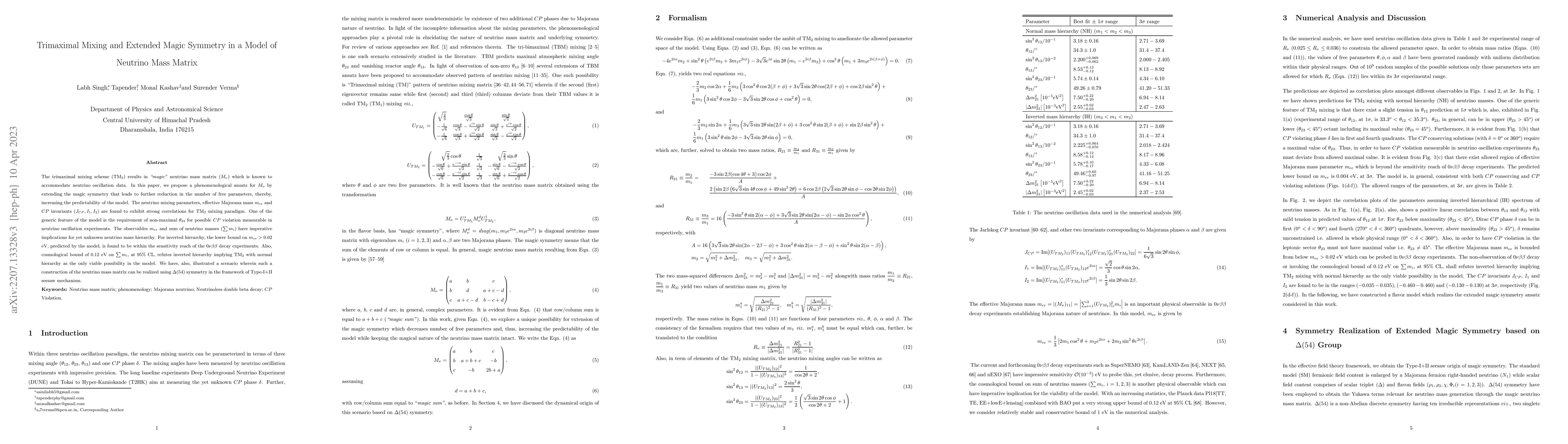 Thumbnail for Trimaximal Mixing and Extended Magic Symmetry in a Model of Neutrino
  Mass Matrix