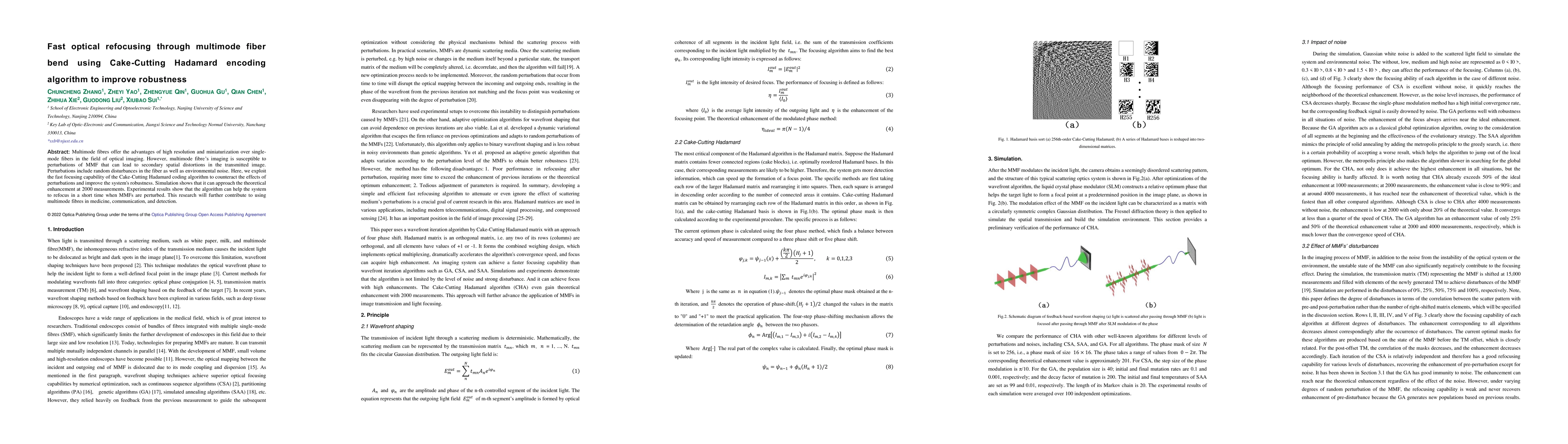 Thumbnail for Fast optical refocusing through multimode fiber bend using Cake-Cutting
  Hadamard encoding algorithm to improve robustness