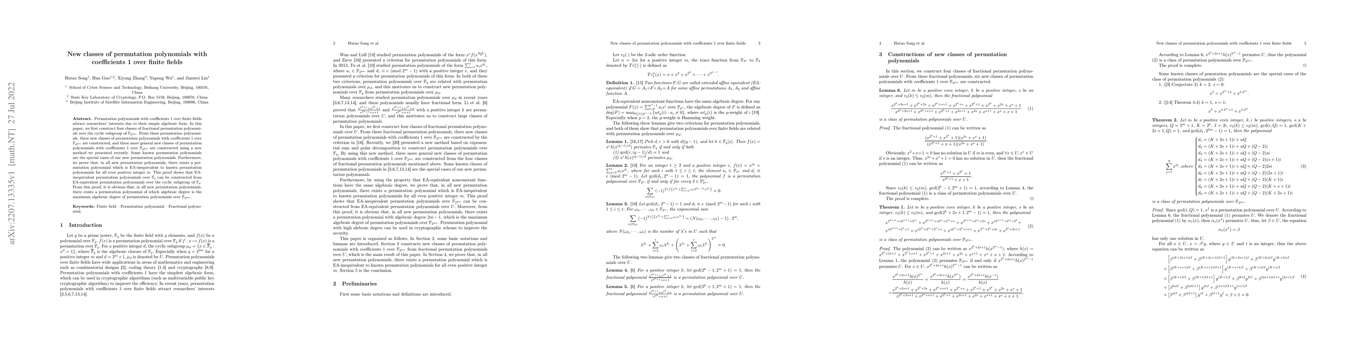 Thumbnail for New classes of permutation polynomials with coefficients 1 over finite
  fields