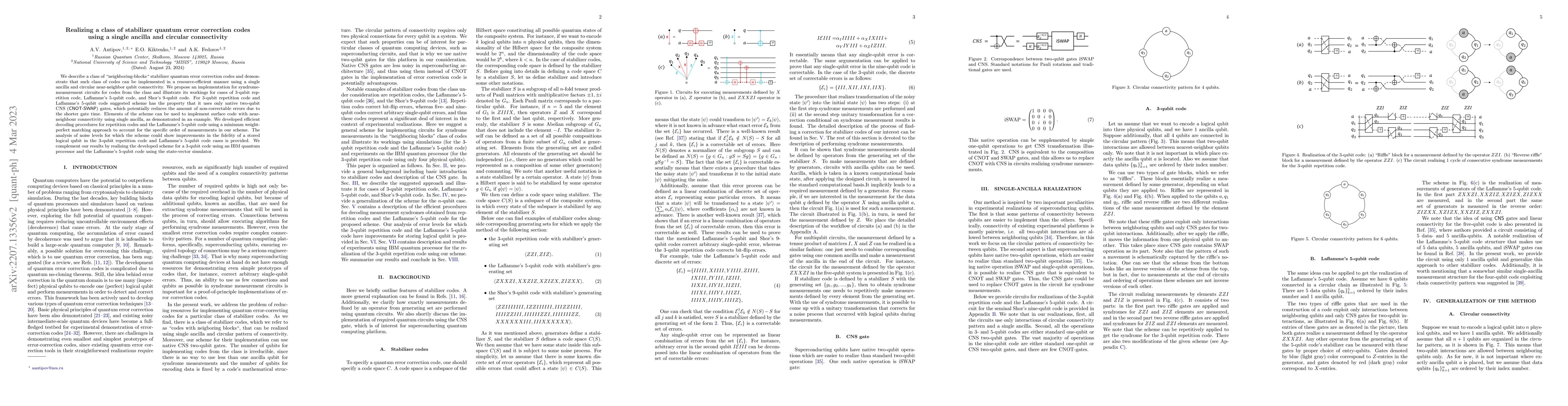 Thumbnail for Realizing a class of stabilizer quantum error correction codes using a
  single ancilla and circular connectivity
