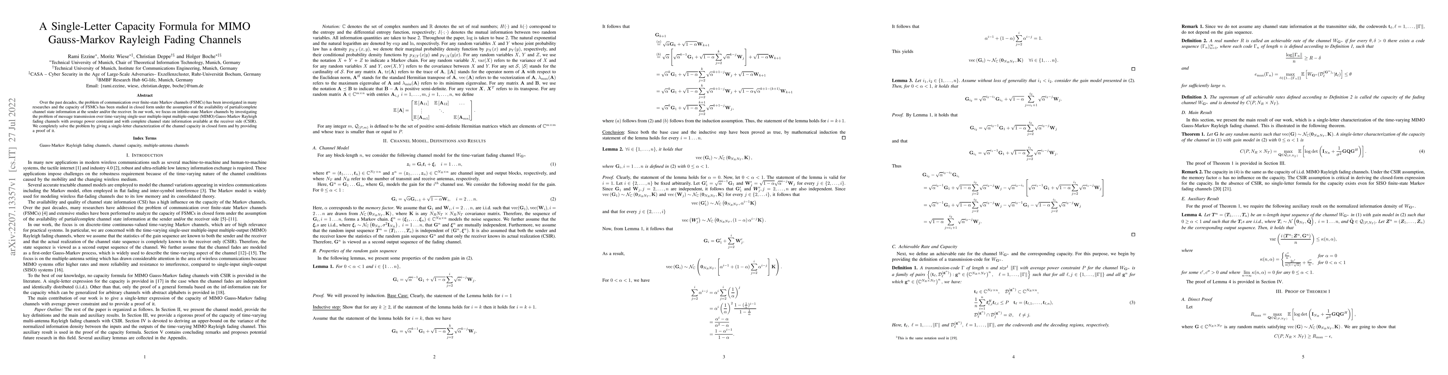 Thumbnail for A Single-Letter Capacity Formula for MIMO Gauss-Markov Rayleigh Fading
  Channels