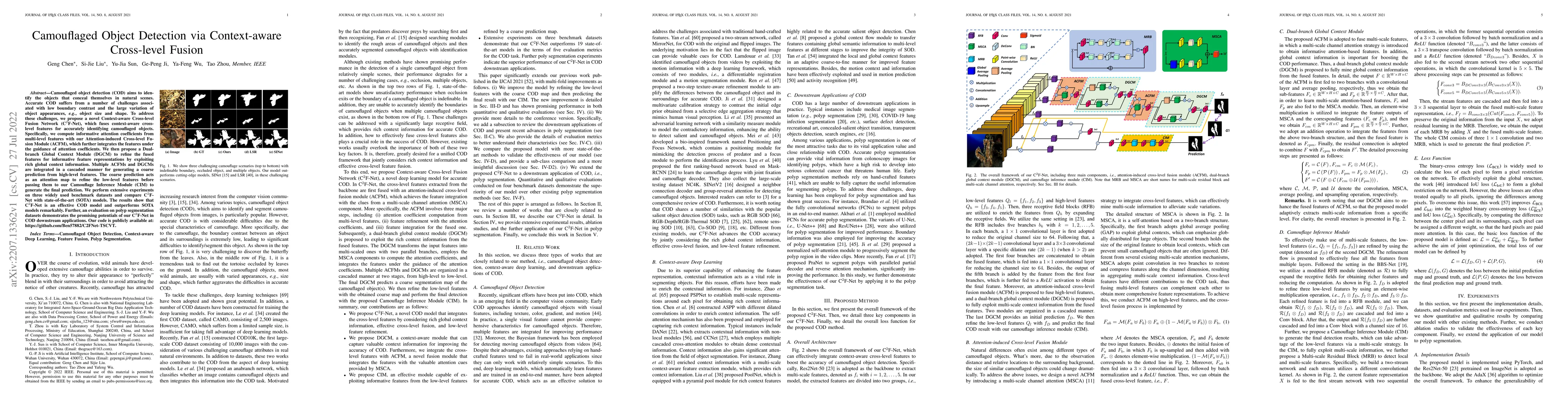 Thumbnail for Camouflaged Object Detection via Context-aware Cross-level Fusion