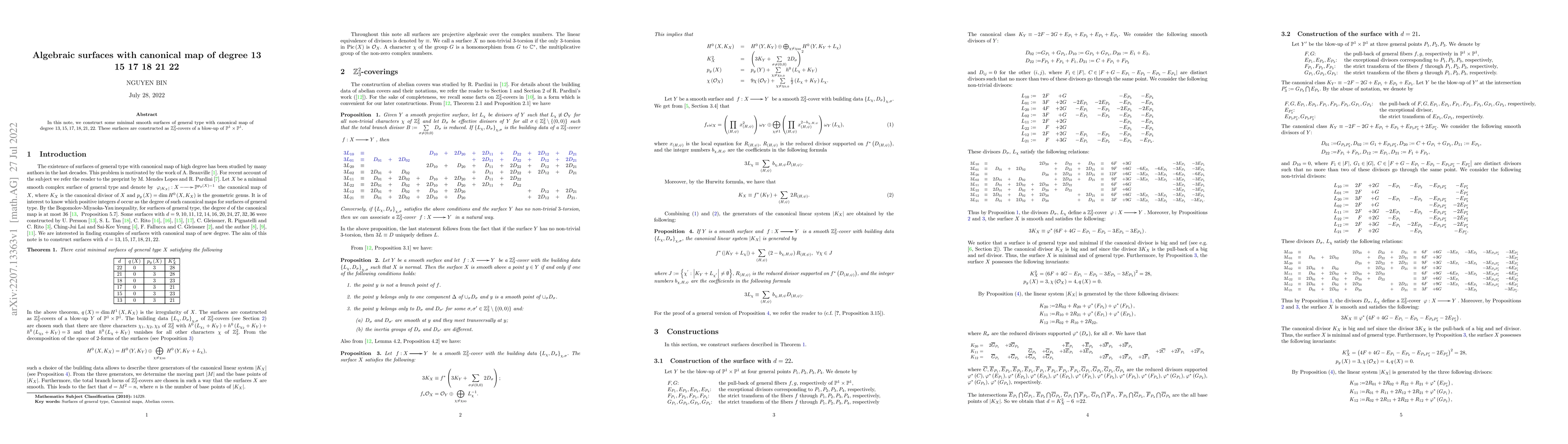 Thumbnail for Algebraic surfaces with canonical map of degree 13 15 17 18 21 22
