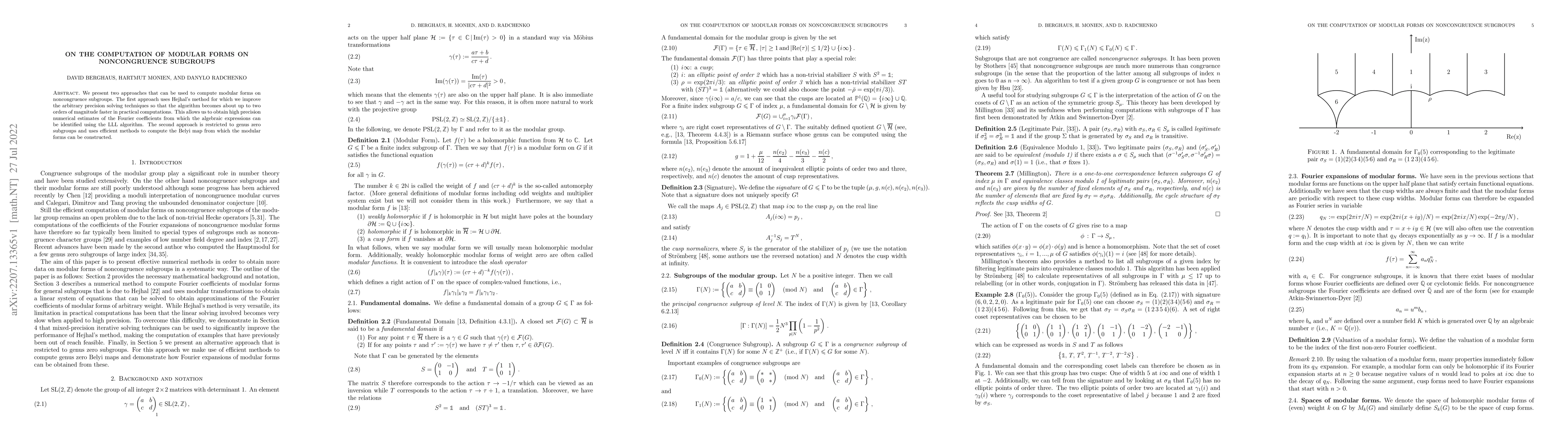 Thumbnail for On the computation of modular forms on noncongruence subgroups
