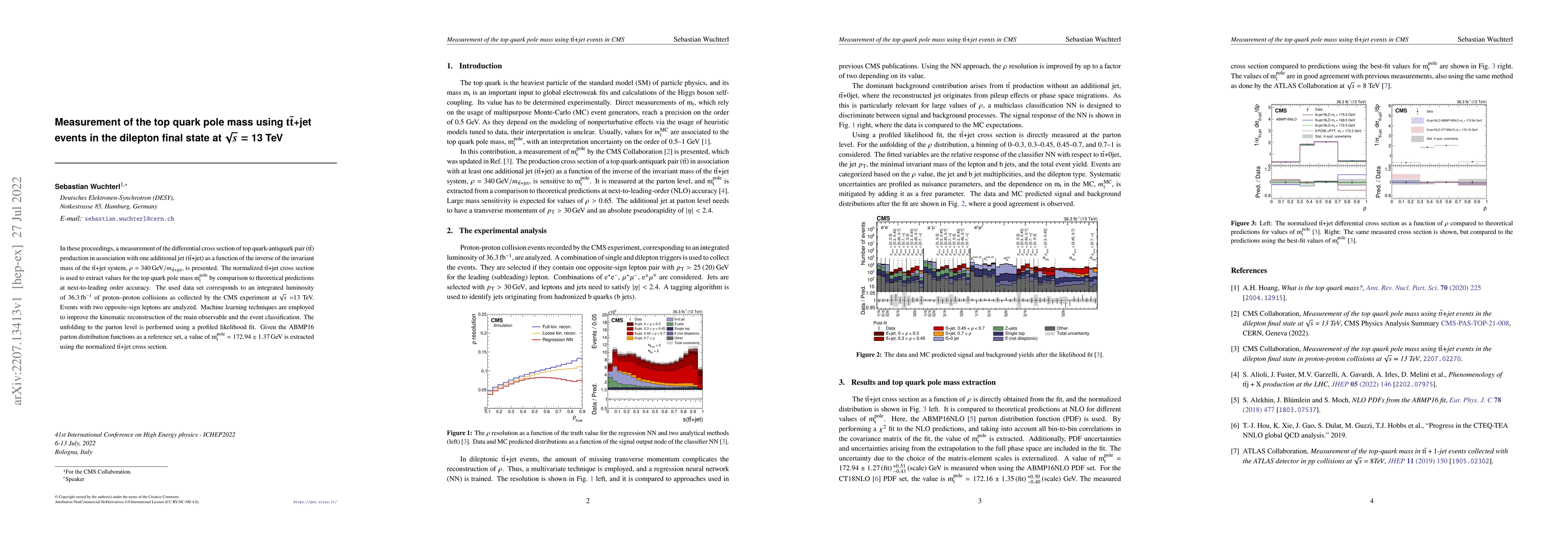Thumbnail for Measurement of the top quark pole mass using
  $\text{t}\bar{\text{t}}$+jet events in the dilepton final state at
  $\sqrt{s}=13$ TeV