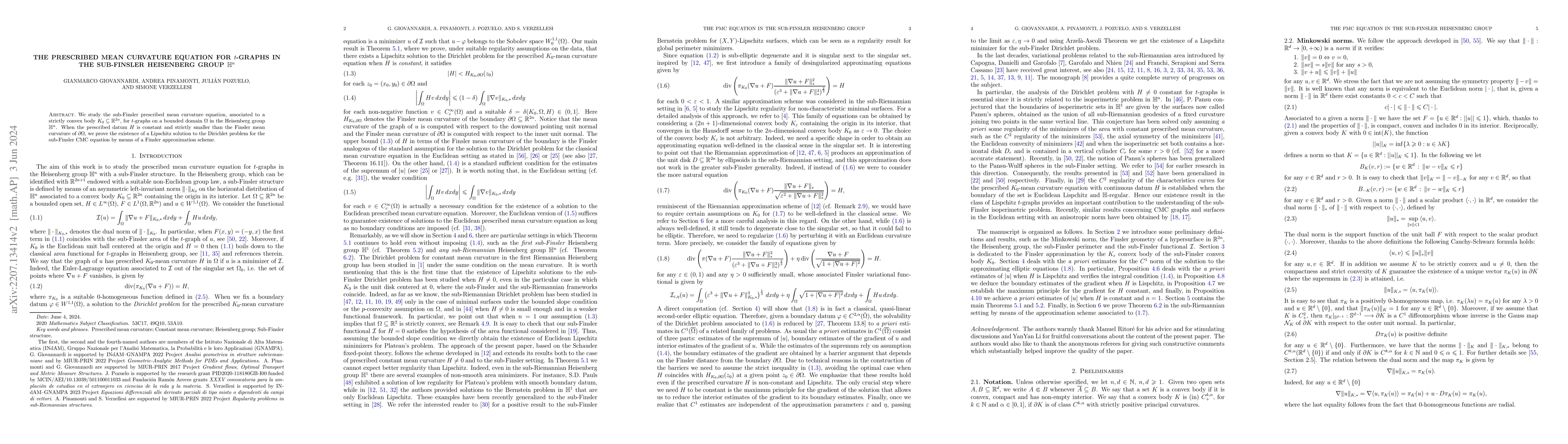 Thumbnail for The prescribed mean curvature equation for $t$-graphs in the sub-Finsler
  Heisenberg group $\mathbb{H}^n$