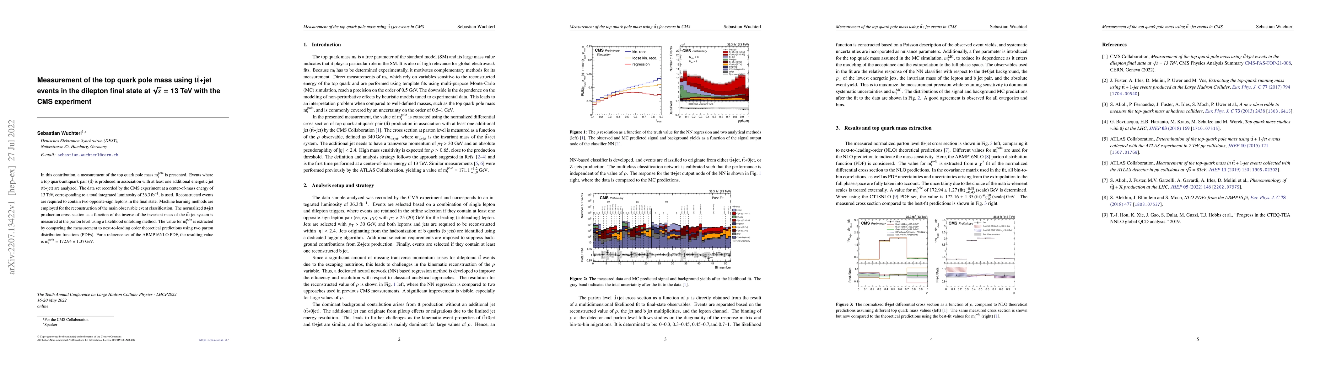 Thumbnail for Measurement of the top quark pole mass using
  $\text{t}\bar{\text{t}}$+jet events in the dilepton final state at
  $\sqrt{s}=$ 13 TeV with the CMS experiment