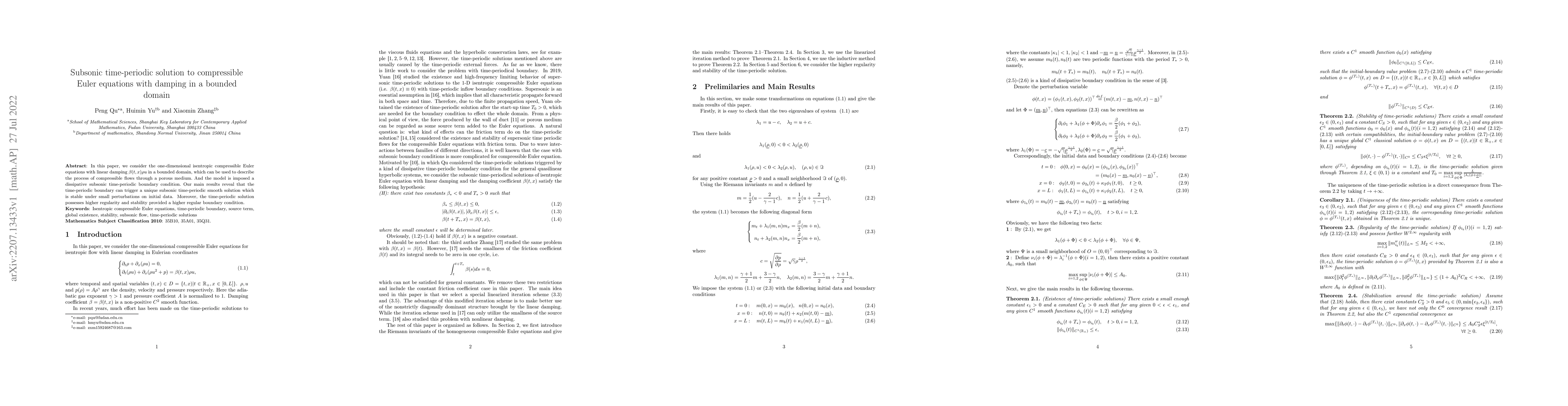 Thumbnail for Subsonic time-periodic solution to compressible Euler equations with
  damping in a bounded domain