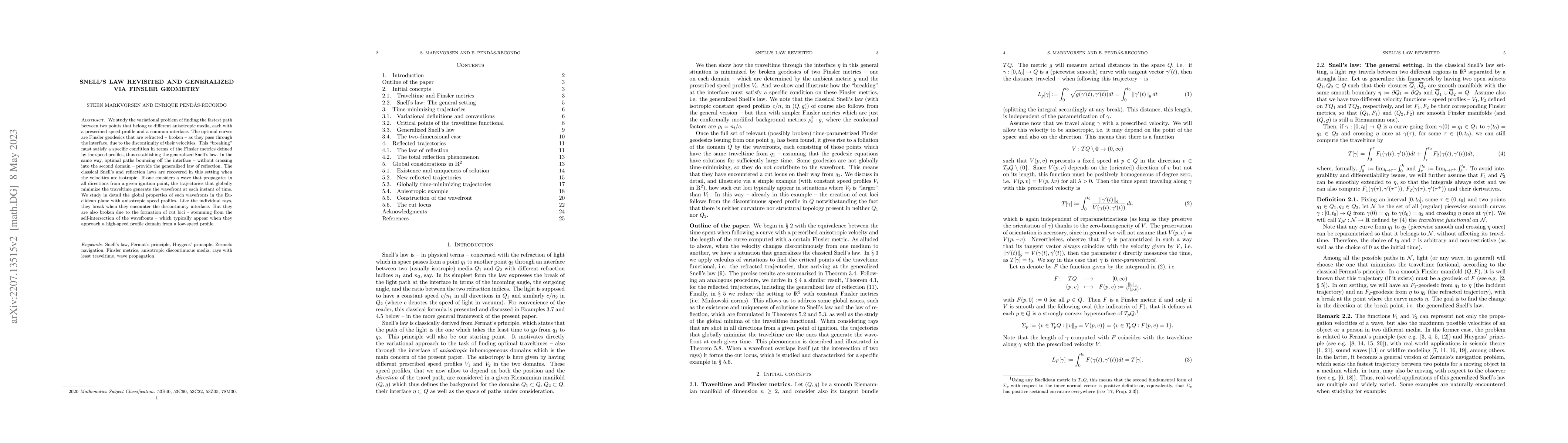 Thumbnail for Snell's law revisited and generalized via Finsler Geometry