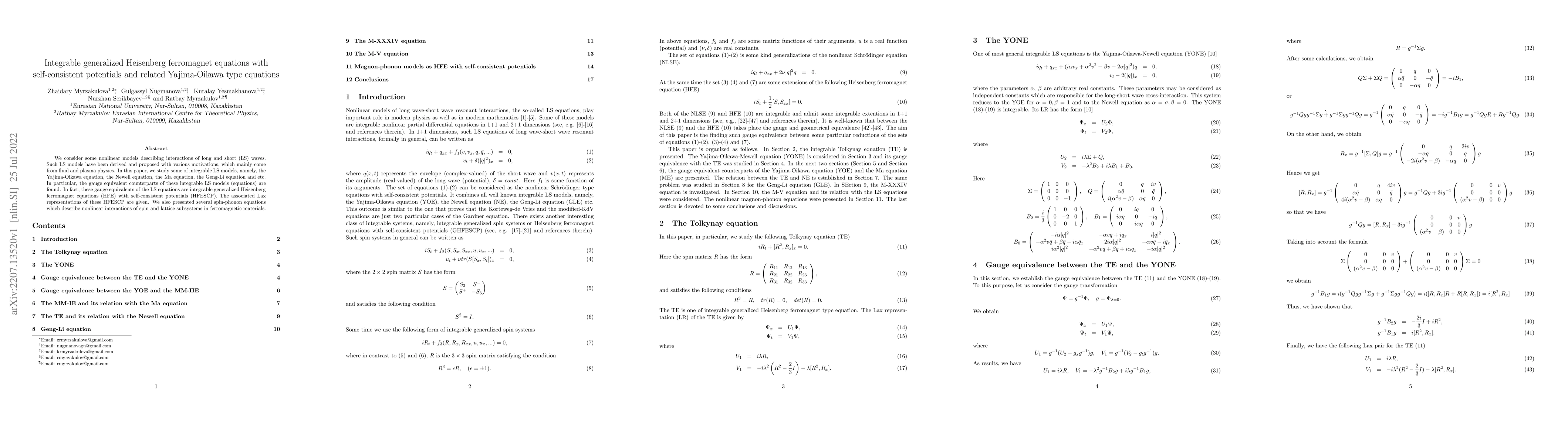 Thumbnail for Integrable generalized Heisenberg ferromagnet equations with
  self-consistent potentials and related Yajima-Oikawa type equations