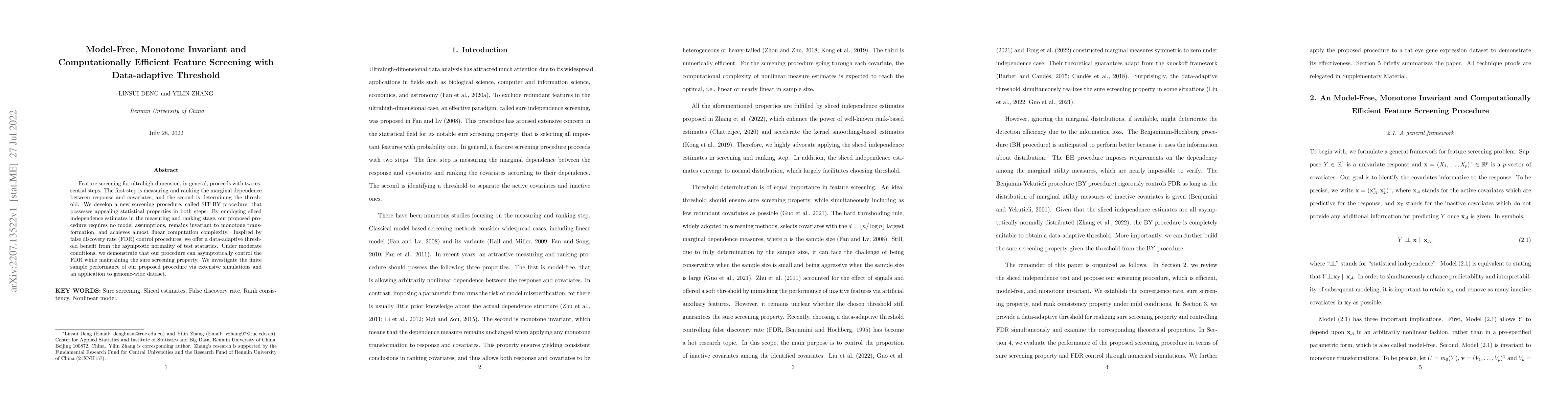 Thumbnail for Model-Free, Monotone Invariant and Computationally Efficient Feature
  Screening with Data-adaptive Threshold