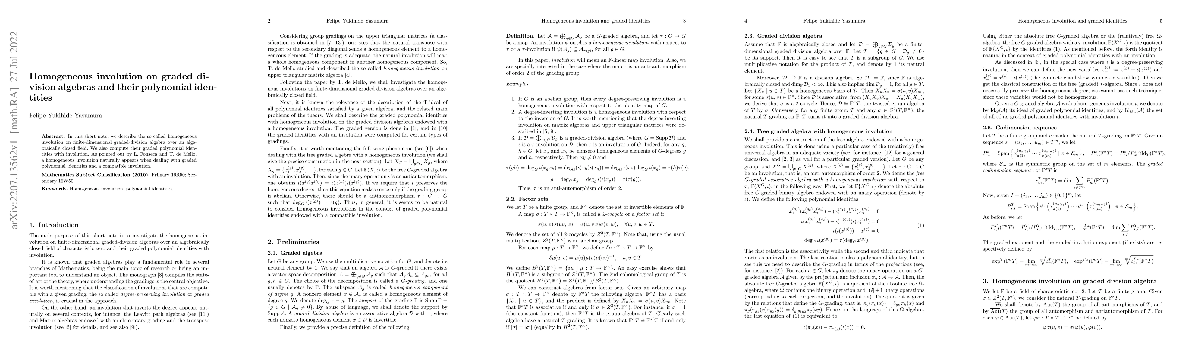 Thumbnail for Homogeneous involution on graded division algebras and their polynomial
  identities