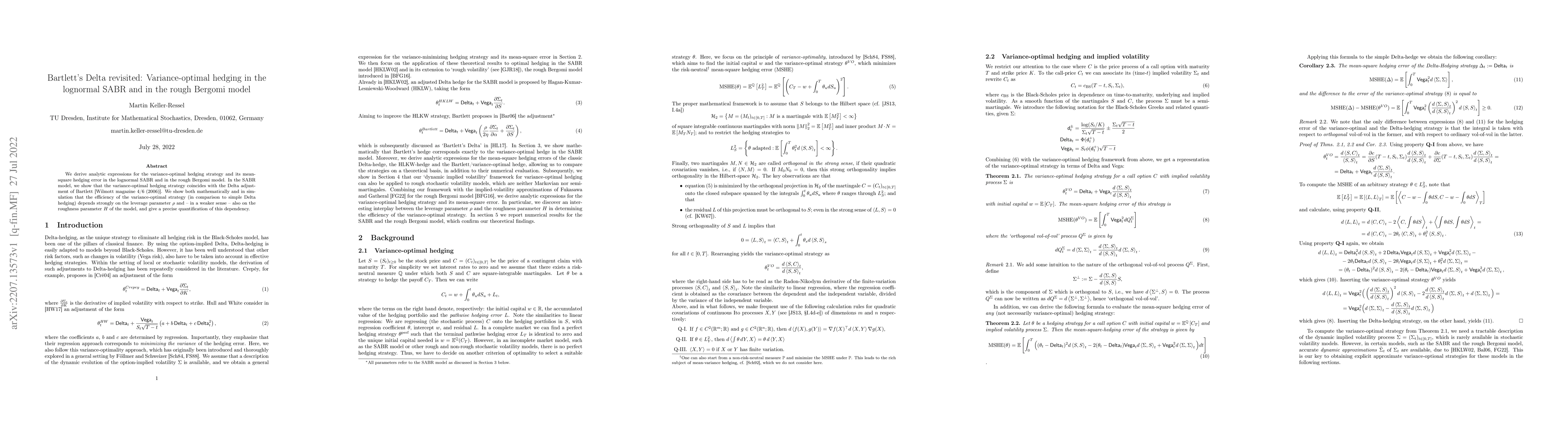 Thumbnail for Bartlett's Delta revisited: Variance-optimal hedging in the lognormal
  SABR and in the rough Bergomi model