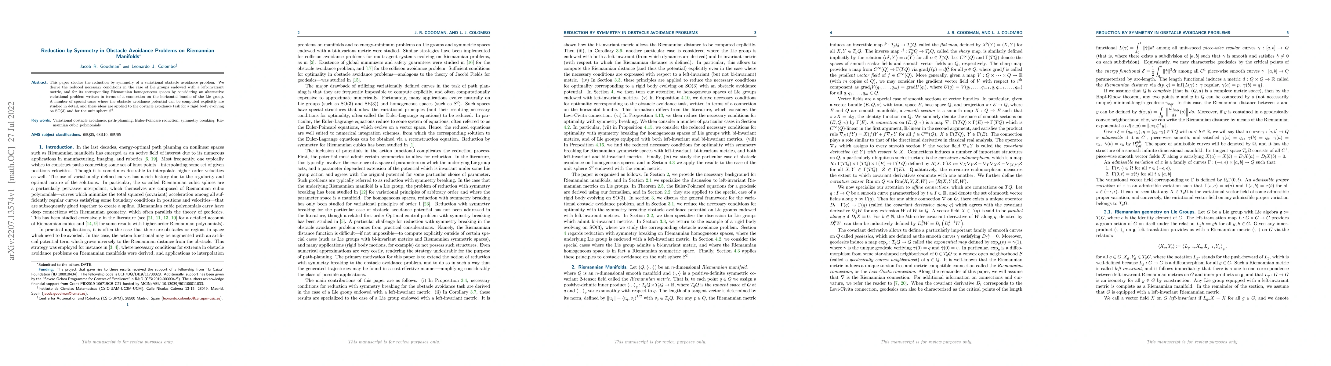 Thumbnail for Reduction by Symmetry in Obstacle Avoidance Problems on Riemannian
  Manifolds