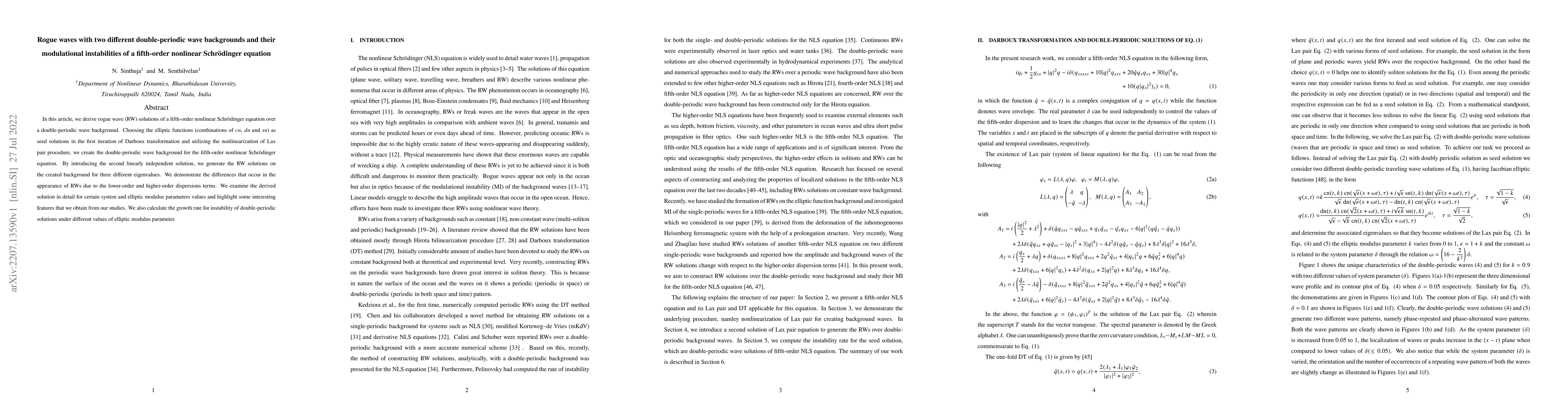 Thumbnail for Rogue waves with two different double-periodic wave backgrounds and
  their modulational instabilities of a fifth-order nonlinear Schr\"odinger
  equation